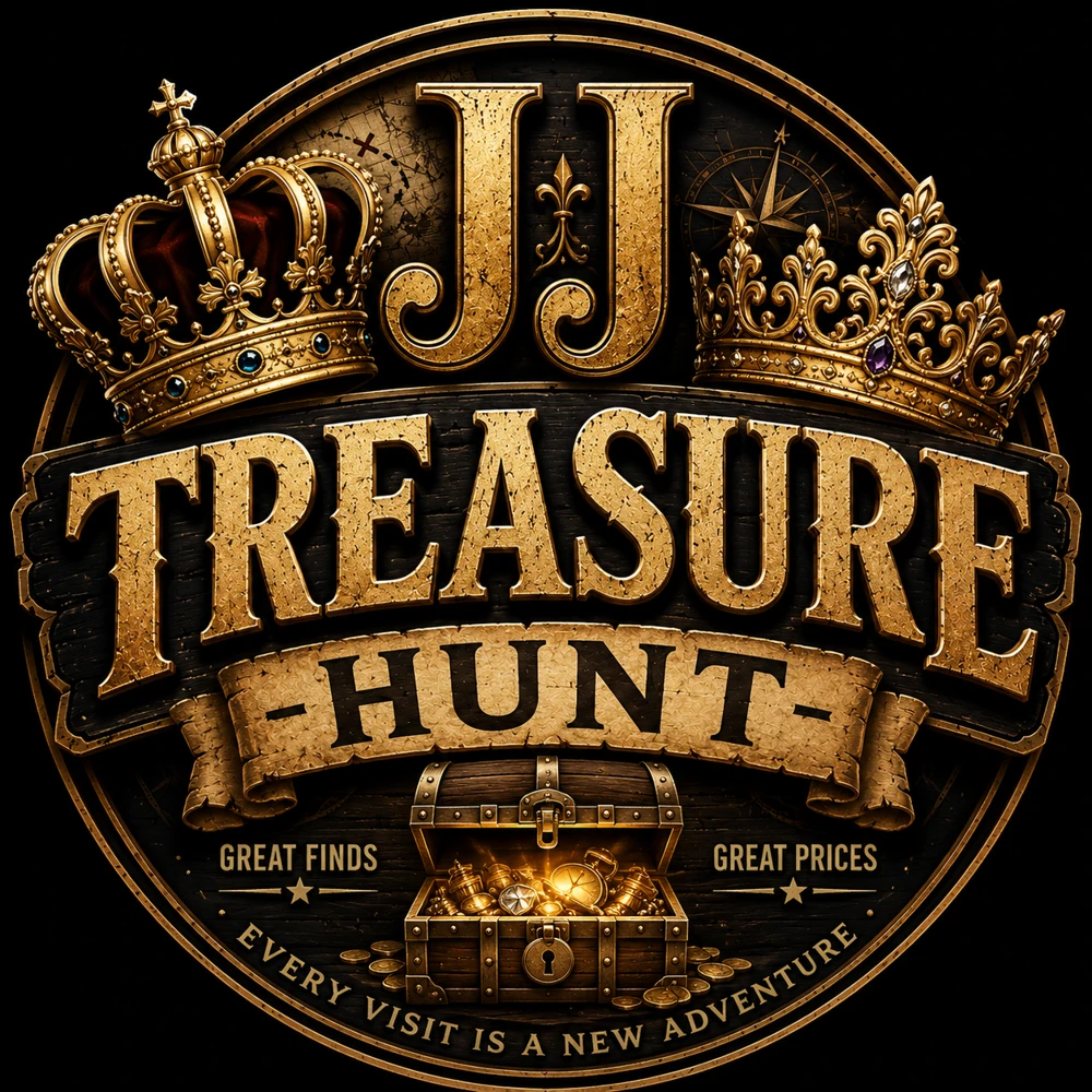 JJ Treasure Hunt gold emblem with a king's crown, a queen's crown, and a treasure chest